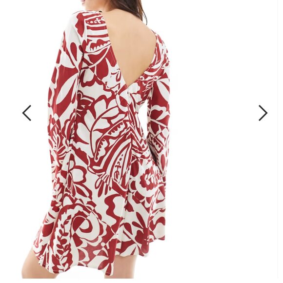 ASOS DESIGN viscose slash neck mini dress with v-back detail in red print - Picture 3 of 11